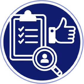 Icon depicting a clipboard with checkmarks, a magnifying glass over a person symbol, and a thumbs-up, all in white on a blue circular background.