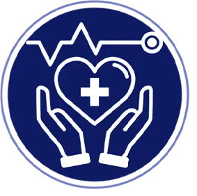 Icon of two hands holding a heart with a medical cross, topped by a heartbeat line, on a blue circular background.