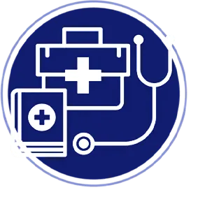 A blue circular icon with a white outline of a medical bag featuring a cross, a stethoscope, and a medical book.