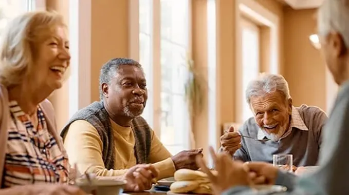 Four older adults are seated at a dining table, enjoying a meal together. They are smiling and engaging in conversation, creating a warm and cheerful atmosphere. The room is well-lit with large windows in the background.